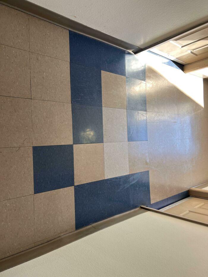 The Replaced The Tiles In My Dorm Hallway. It’s Supposed To Be 3 Solid Blue Lines…