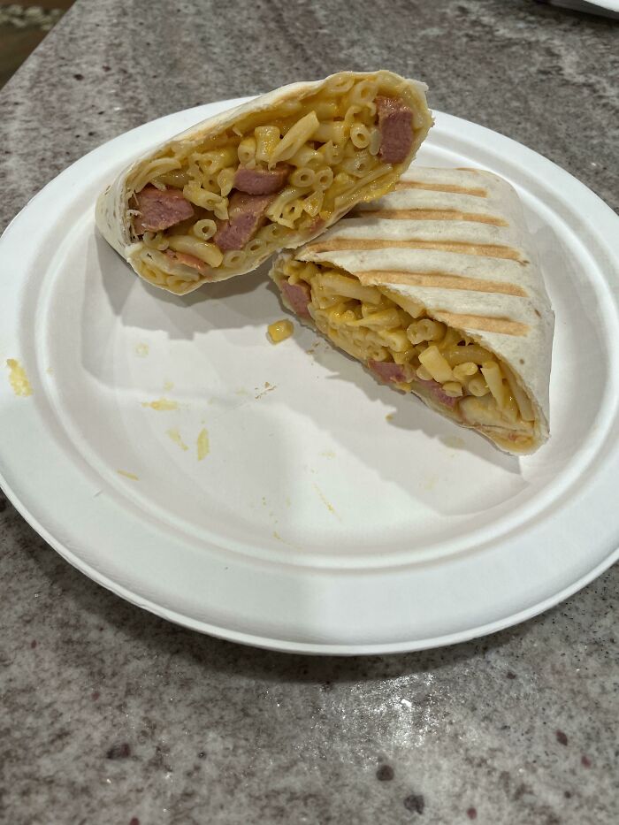 Seems Like Stupid Food, But The Kids Love It. Kraft Mac & Cheese With Hot Dogs. Wrapped In A Tortilla, Grilled In A Panini Press