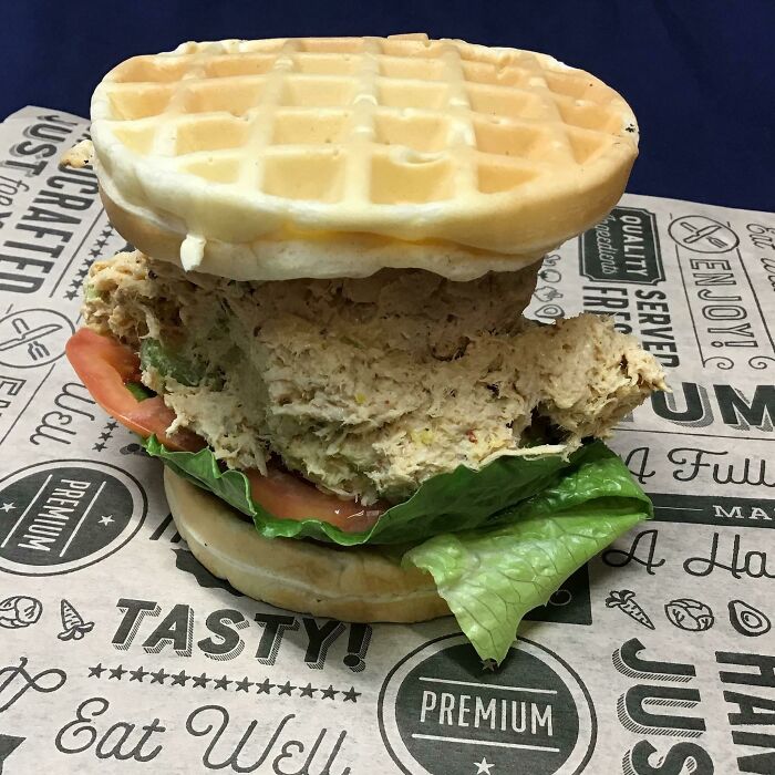 A Promo Photo For A “Chicken And Waffles” Sandwich Posted By A Cafe Near Me