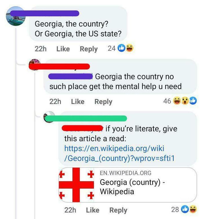 A text exchange illustrates overly confident incorrect people discussing Georgia's existence.
