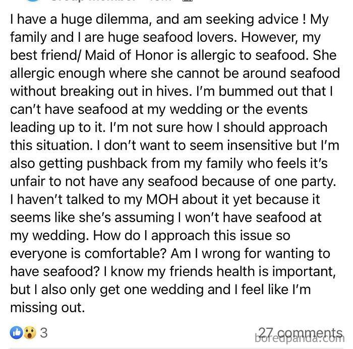 Ah Yes. Someone Potentially Dying At Your Wedding Is A Much Better Idea Than Simply Not Having Seafood For One Day
