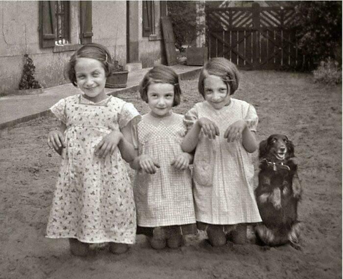 Three Young Girls And A Dog Pose For The Camera. 1930 Three Young Girls And A Dog Pose For The Camera. 1930