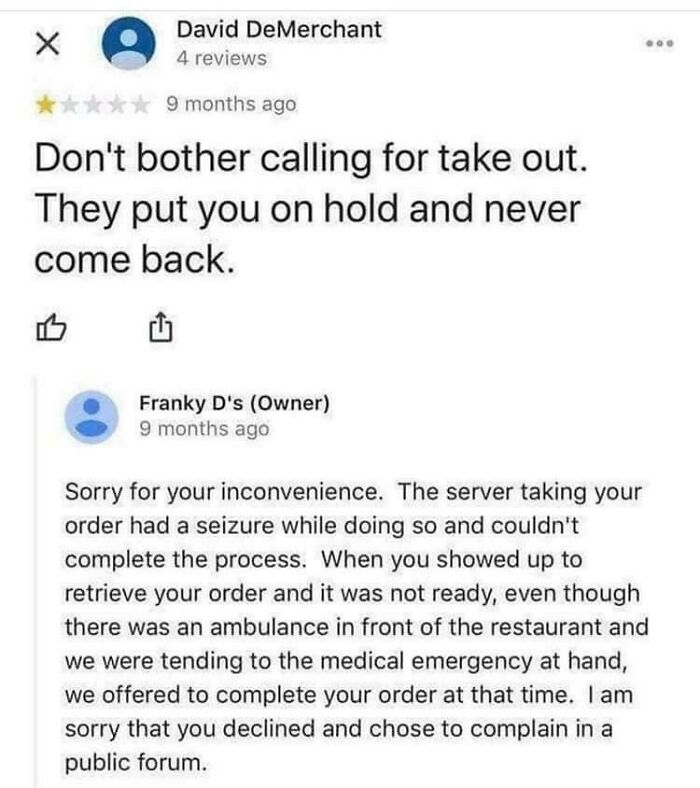 A Medical Emergency Trumps Your Take Out Order