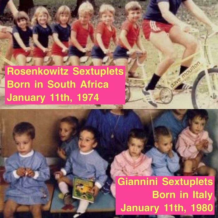 Two sets of sextuplets born on January 11th in different years, highlighting wild coincidences captured in photos.