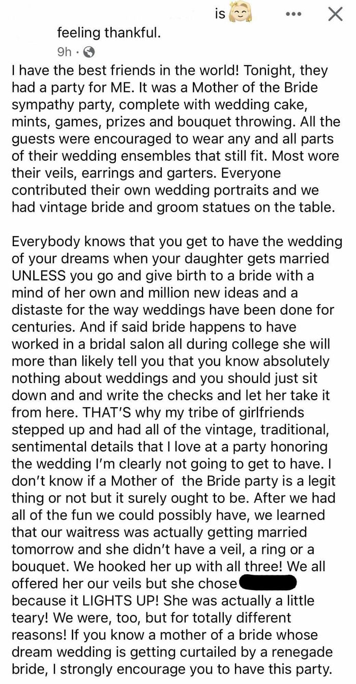 A “Mother Of The Bride Sympathy Party” Because She Doesn't Get To Control Every Aspect Of Her Daughter's Wedding