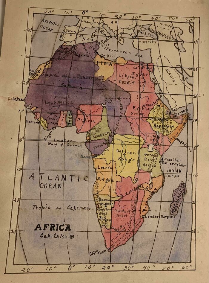 My Great Grandpa Drew This Map Of Africa In The 1910’s. Thought You All Might Like It