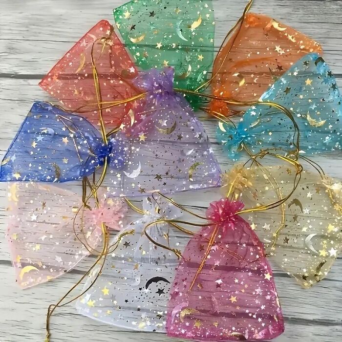  Moon Star Drawstring Organza Bags - Beautiful Mixed Colors To Store Jewelry, Gifts Or Their Art Supplies!