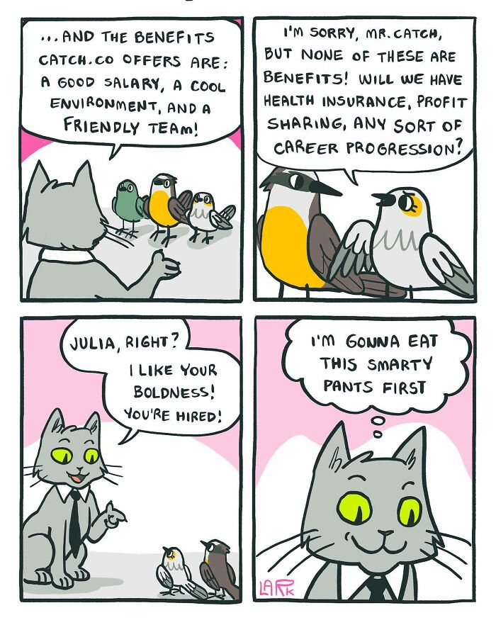 Funny Comics About A Cat Hiring Birds In His Company By This Brazilian Artist (New Pics)