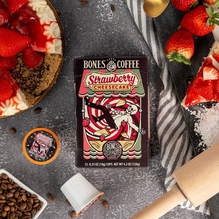 Mom's Daily Delight: Bones Cups Strawberry Cheesecake Coffee For That Oomph!
