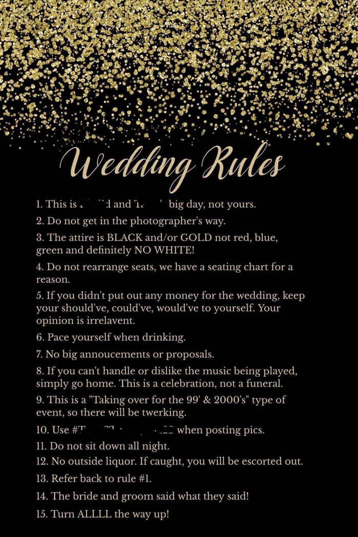 Entitled Couple Come Up With 15 Rules For Their Wedding Guests, People Online Are Gobsmacked Entitled Couple Come Up With 15 Rules For Their Wedding Guests, People Online Are Gobsmacked