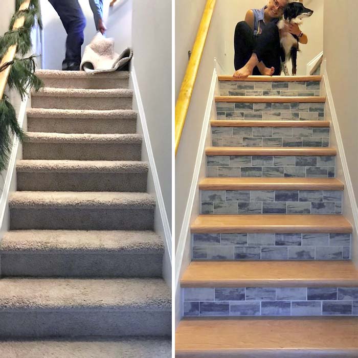 Remodeled Ugly Carpeted Stairs With Tile And Vinyl - My First Major Project