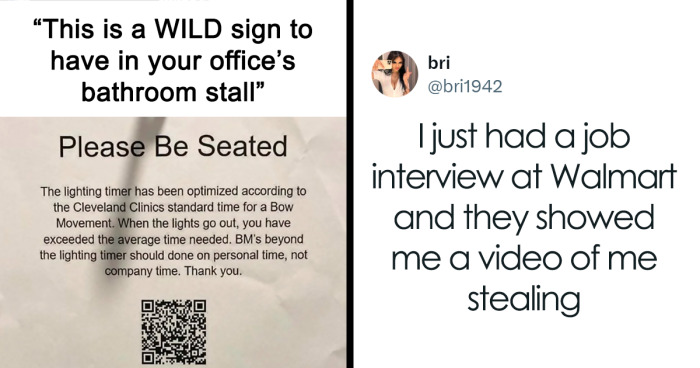 Two memes highlighting toxic jobs, one about strict bathroom timers and another about a job interview with a theft accusation video.