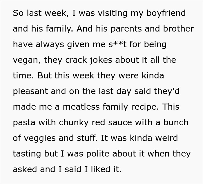 Vegan Woman Tricked Into Eating Meat By Boyfriend’s Family, Makes Sure They Regret It