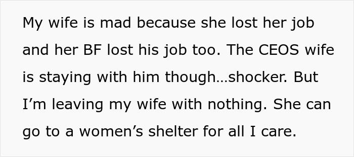 Man Learns About Wife’s Affair With Her CEO, Gets Her Fired And Leaves Her With Nothing