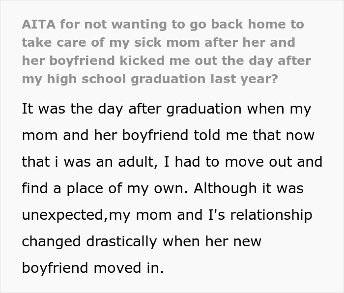 Teen Is Kicked Out By Mom And Her BF, Refuses To Return Home When Asked After Mom Has A Stroke