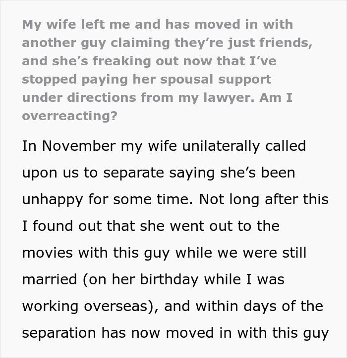 Woman Leaves Husband For Another Man, Is Shocked When He Stops Paying Spousal Support Woman Leaves Husband For Another Man, Is Shocked When He Stops Paying Spousal Support