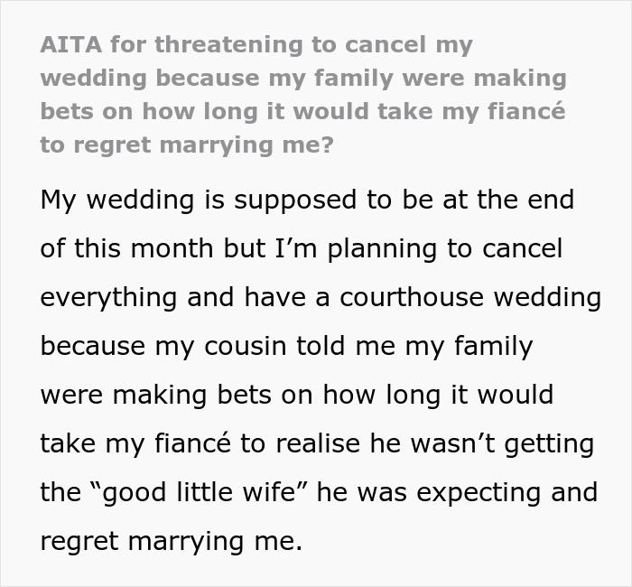 Bride's Family Bets Fiance Will End Marriage Because She Isn't Submissive, So She Cancels Wedding Bride's Family Bets Fiance Will End Marriage Because She Isn't Submissive, So She Cancels Wedding