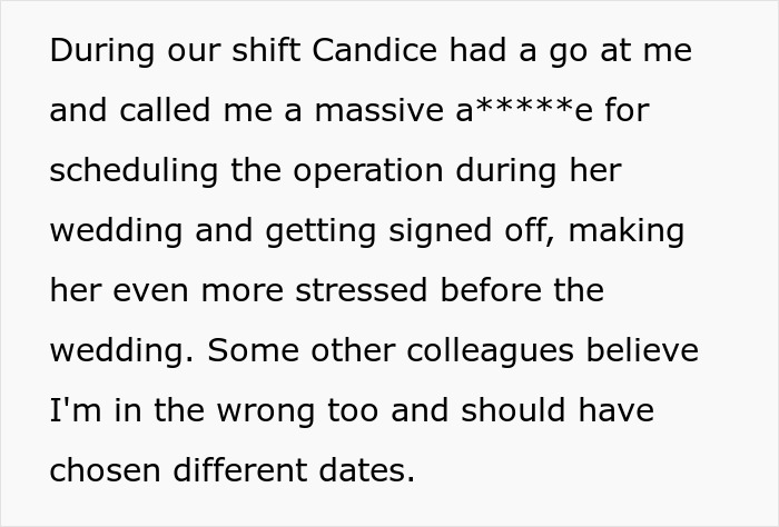 Bride Furious After Her Time Off Was Canceled Due To Coworker’s Surgery Bride Furious After Her Time Off Was Canceled Due To Coworker’s Surgery