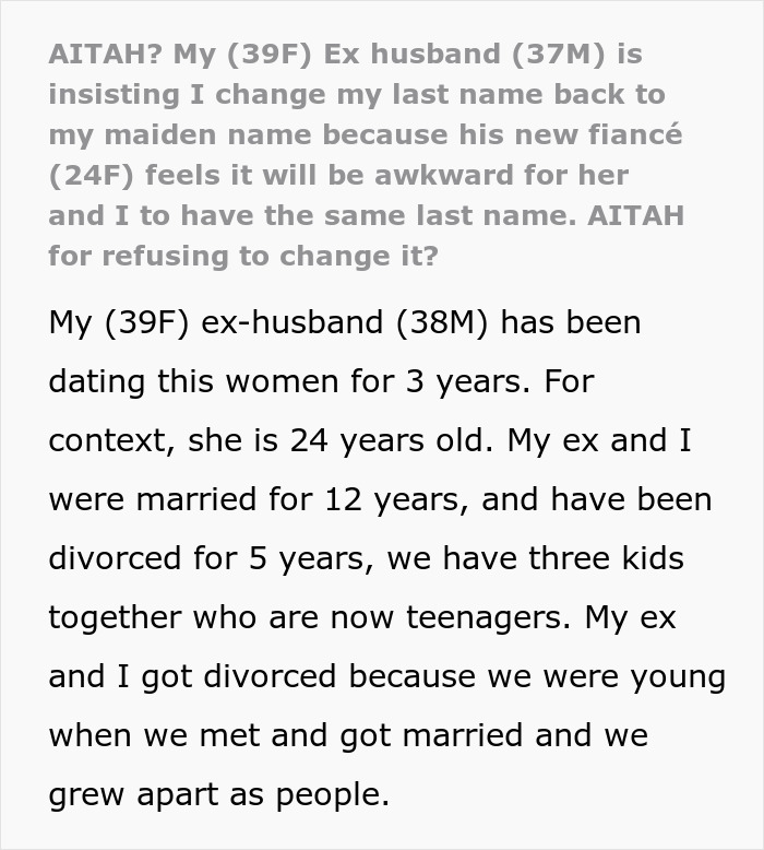 Woman Refuses To Share Last Name With Fiancé’s ‘Intimidating’ Ex, Demands She Change It Woman Refuses To Share Last Name With Fiancé’s ‘Intimidating’ Ex, Demands She Change It
