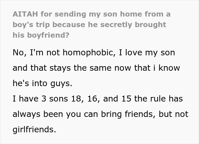 Parent Asks If They’re The Jerk For Sending Son Home From Boy’s Trip After He Brought His BF