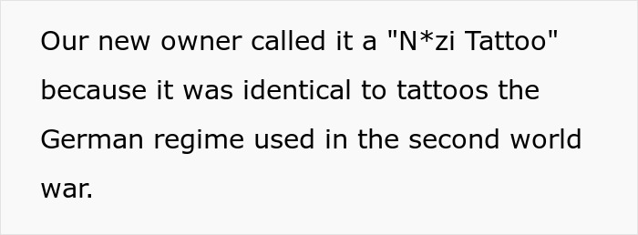 Text about a new boss's policy referring to tattoos with historical significance. Text about a new boss's policy referring to tattoos with historical significance.