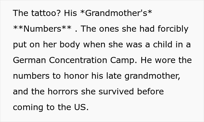 Text about a machinist's tattoo of his grandmother's concentration camp numbers in remembrance. Text about a machinist's tattoo of his grandmother's concentration camp numbers in remembrance.