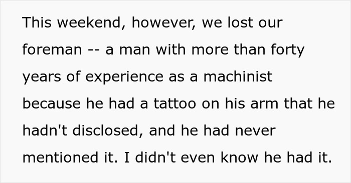 Text about a machinist's dismissal due to a non-disclosed tattoo on his arm. Text about a machinist's dismissal due to a non-disclosed tattoo on his arm.