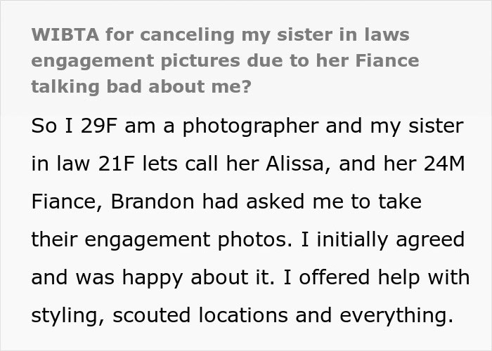 Photographer Wants To Cancel SIL's Engagement Shoot After Learning The Couple Hates Her Photographer Wants To Cancel SIL's Engagement Shoot After Learning The Couple Hates Her