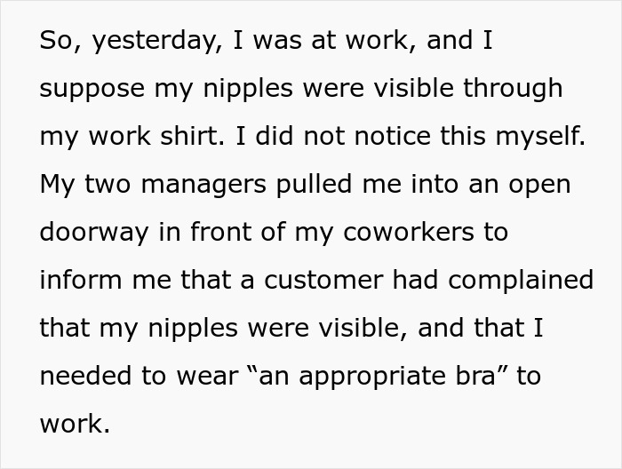 Woman Feels She Is Being Targeted At Work For Being Disabled When Manager Makes Fuss About Her Bra Woman Feels She Is Being Targeted At Work For Being Disabled When Manager Makes Fuss About Her Bra