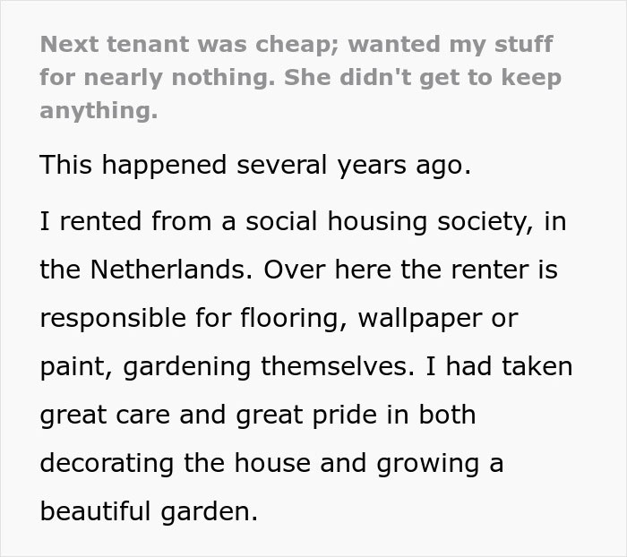 Woman Refuses To Buy Previous Tenant's Stuff, Hoping She'll Leave It Anyway, Comes To Regret It Woman Refuses To Buy Previous Tenant's Stuff, Hoping She'll Leave It Anyway, Comes To Regret It