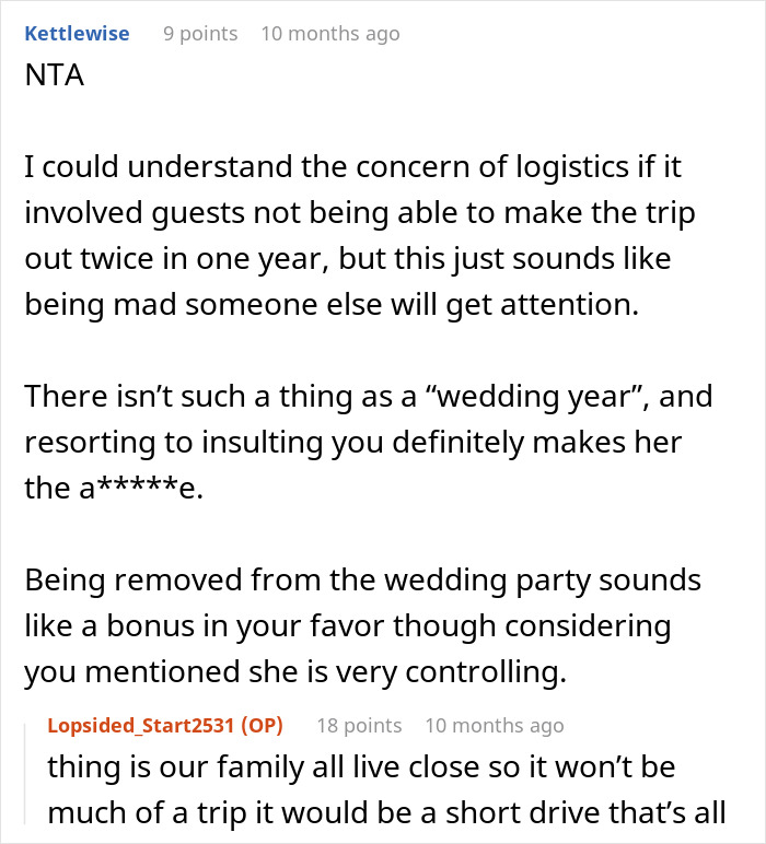 Woman Is Confused After Bridezilla Forbids Her From Getting Married During Her “Wedding Year” Woman Is Confused After Bridezilla Forbids Her From Getting Married During Her “Wedding Year”