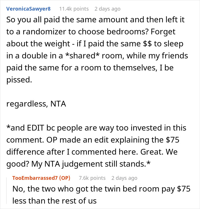 Obese Woman Turns To Friend Asking To Switch B&B Rooms, Ends Up Sobbing Instead Obese Woman Turns To Friend Asking To Switch B&B Rooms, Ends Up Sobbing Instead
