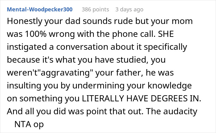 “Dinner Got Pretty Quiet”: Dad Keeps Doubting Biologist Daughter, She Tells Him She Knows Better “Dinner Got Pretty Quiet”: Dad Keeps Doubting Biologist Daughter, She Tells Him She Knows Better