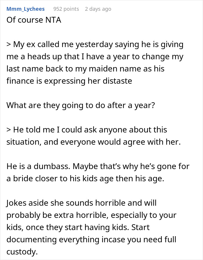 Woman Refuses To Share Last Name With Fiancé’s ‘Intimidating’ Ex, Demands She Change It Woman Refuses To Share Last Name With Fiancé’s ‘Intimidating’ Ex, Demands She Change It