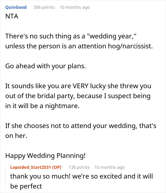 Woman Is Confused After Bridezilla Forbids Her From Getting Married During Her “Wedding Year” Woman Is Confused After Bridezilla Forbids Her From Getting Married During Her “Wedding Year”