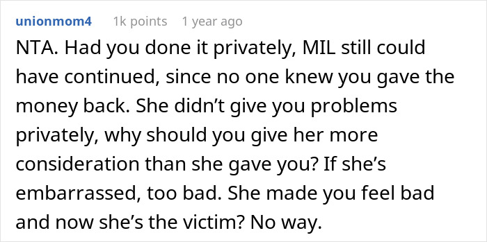 "AITA For Returning The Money To My MIL In Front Of Everyone, Embarrassing Her?"