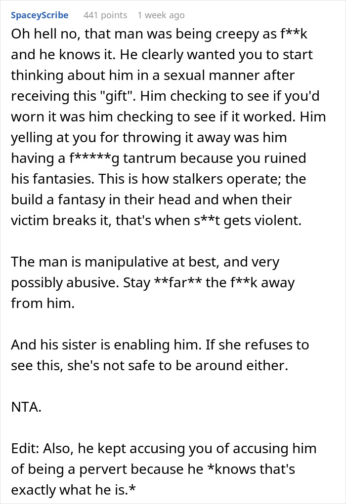 Friend's Brother Gets Livid Over This 19 Y.O. Throwing Away His Pricey Lingerie Birthday Gift Friend's Brother Gets Livid Over This 19 Y.O. Throwing Away His Pricey Lingerie Birthday Gift