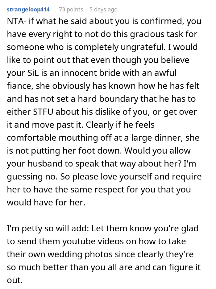 Photographer Wants To Cancel SIL's Engagement Shoot After Learning The Couple Hates Her Photographer Wants To Cancel SIL's Engagement Shoot After Learning The Couple Hates Her