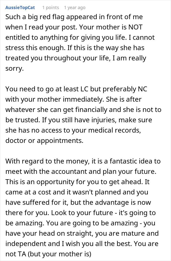 Daughter Thinks About Going No-Contact With Mom After She Comes For Her $150k Settlement Money