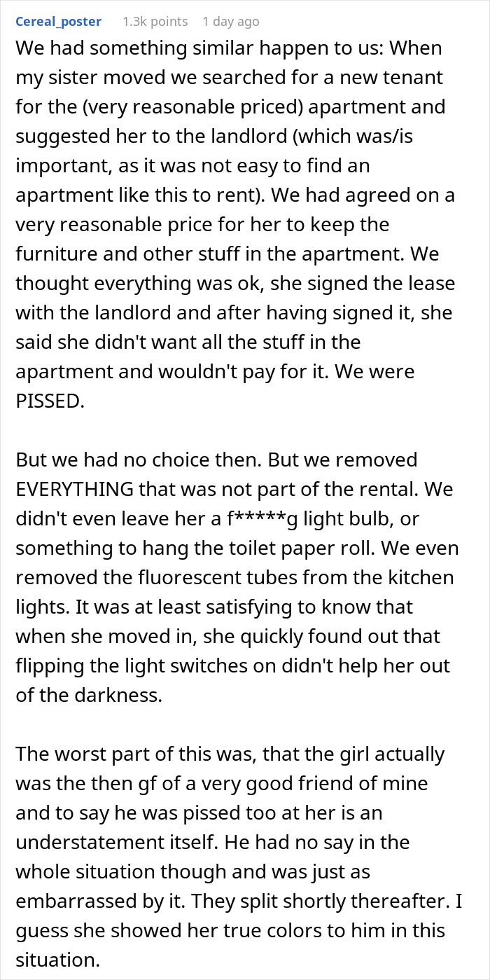 Woman Refuses To Buy Previous Tenant's Stuff, Hoping She'll Leave It Anyway, Comes To Regret It Woman Refuses To Buy Previous Tenant's Stuff, Hoping She'll Leave It Anyway, Comes To Regret It