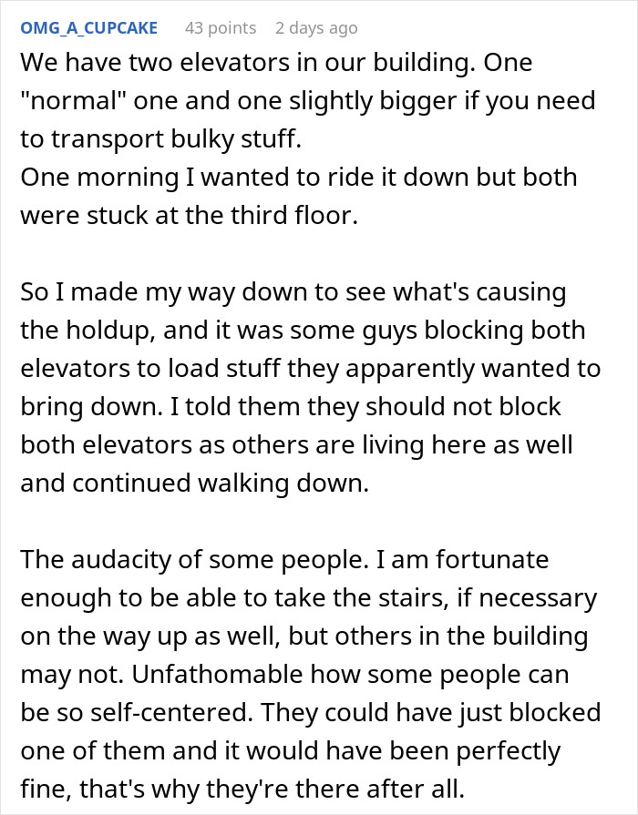 Person Forced To Take The Stairs As Neighbors Hold Up Lift, Makes Sure They Regret It Person Forced To Take The Stairs As Neighbors Hold Up Lift, Makes Sure They Regret It