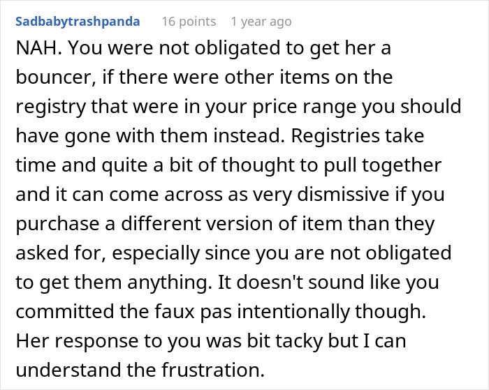 Person Gets A Different Gift For A Pregnant Friend Than On Registry, Ends Up Having To Cancel It