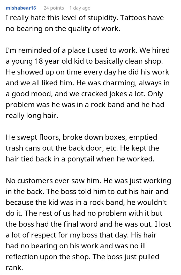 Text discussing tattoos and workplace discrimination. Text discussing tattoos and workplace discrimination.