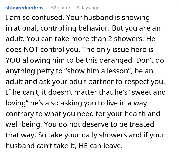 Man Battles With Wife’s Ultimatum: Give Her More Than 2 Showers Per Week Or See Her Move Out Man Battles With Wife’s Ultimatum: Give Her More Than 2 Showers Per Week Or See Her Move Out