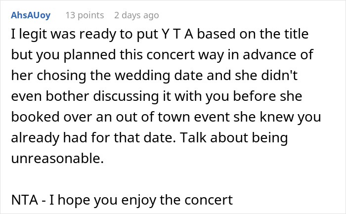 "AITA For Choosing A Concert Over My Best Friend's Wedding?"