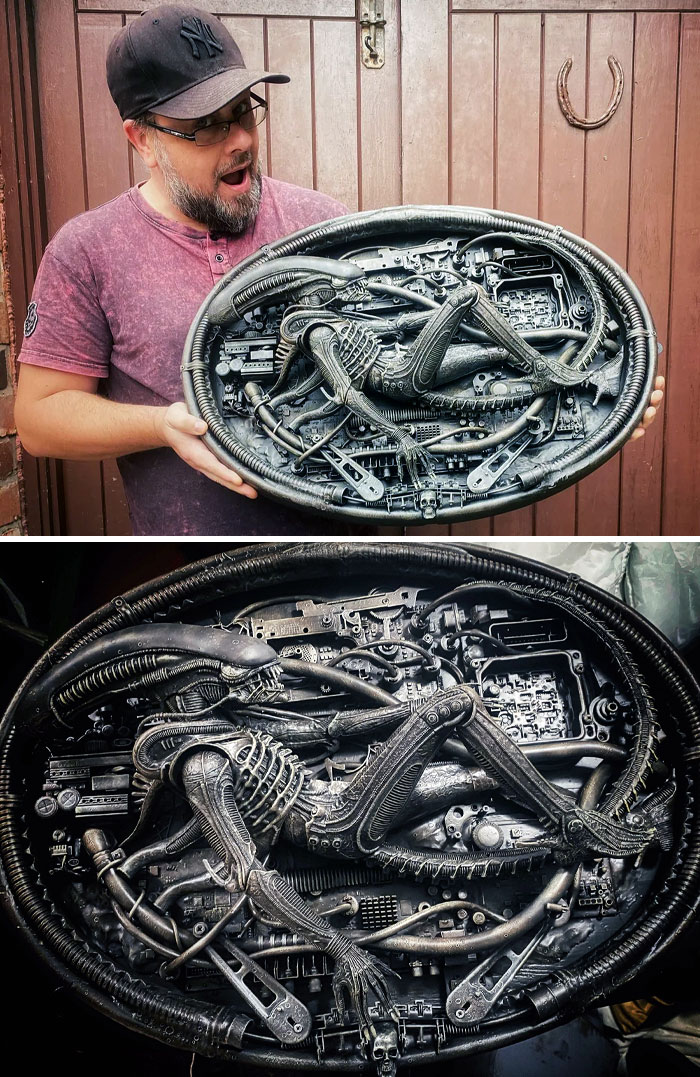 I Made A Necronom IV As A Tribute To H.R. Giger. It's From Recycled Items I Scavenged, Including An Antique Mahogany Mirror I Used As A Frame, Pathe Cine Projector, Washing Machine, And More