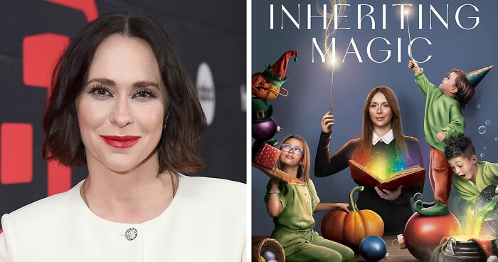 Jennifer Love Hewitt smiling at an event next to a promotional poster for Inheriting Magic featuring children.