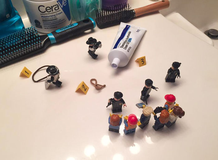 My Brother Cleaned And Organized Our Bathroom While I Was Away Last Week. Last Night I Accidentally Left Some Things Out, So He Set This Little Scene Up With His Legos