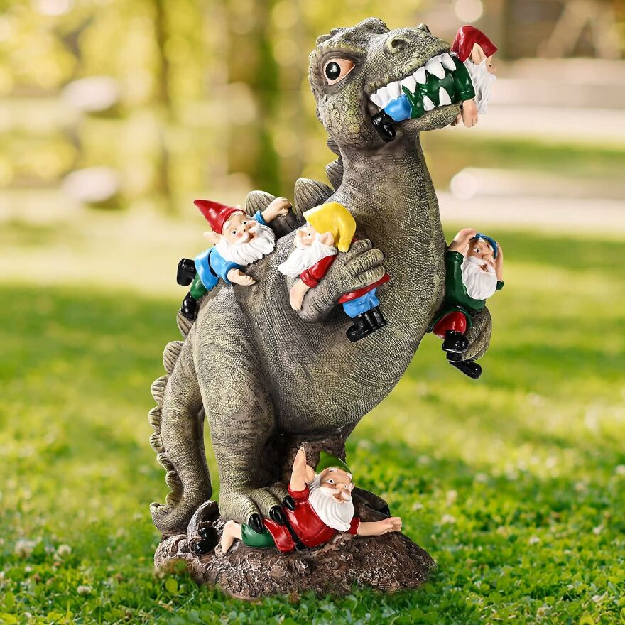 Dino Delight: Gnomes Get Munched In Hilariously Cute Garden Statue