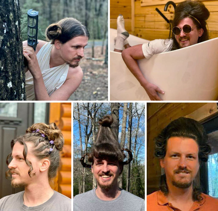 A Hairstylist Friend Of Mine Is Doing Her Boyfriend's Hair Each Day. So Far, We Have Leia, Amy Winehouse, 90s Prom, Cindy Lou Who, And George Washington